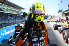 Lando Norris, McLaren, 2nd position, celebrates on arrival in Parc Ferme